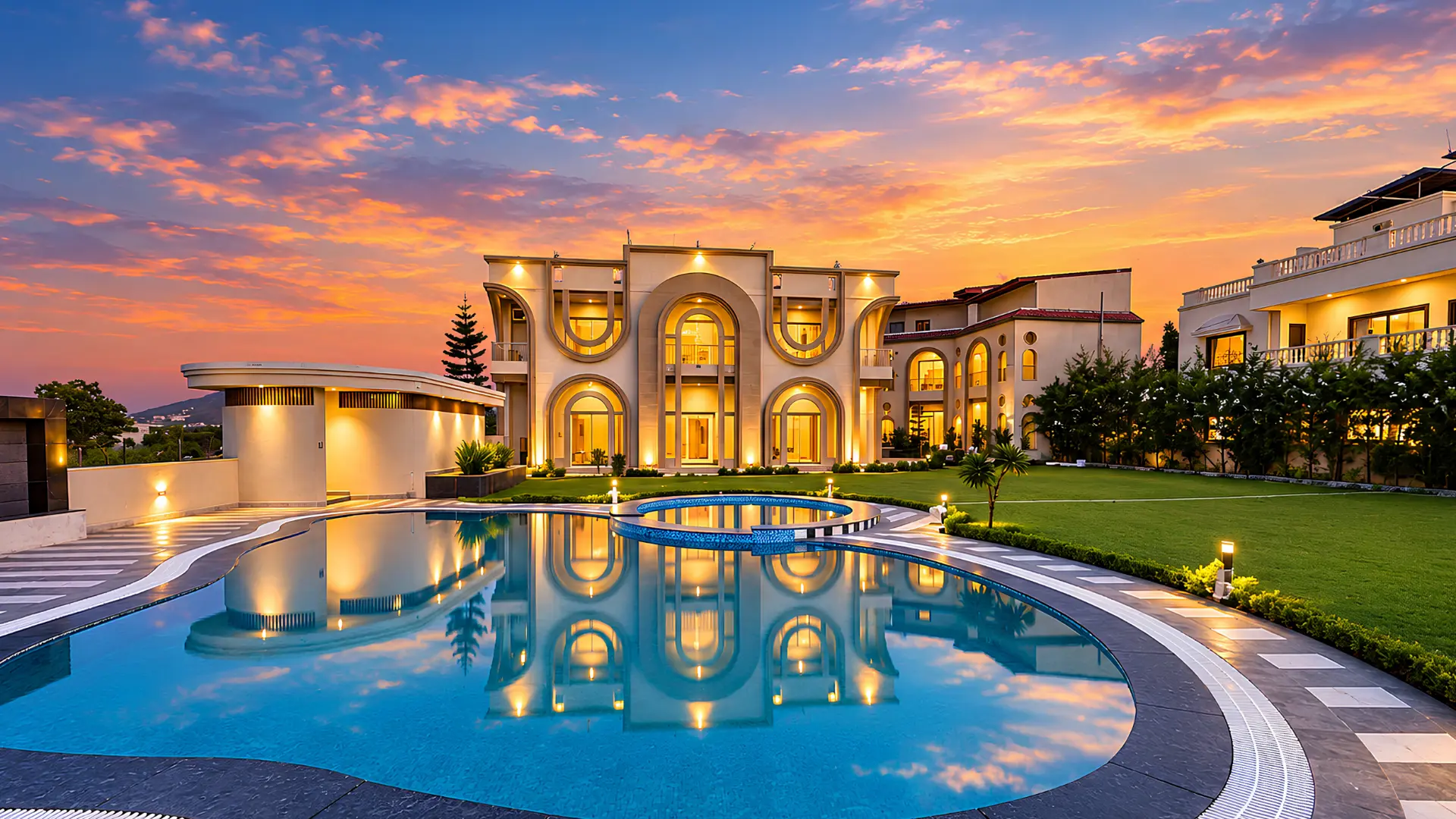 Oryana Resort pool and facade at sunset