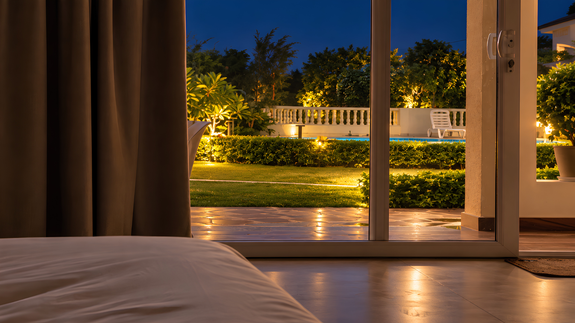 Garden view from a suite at dusk