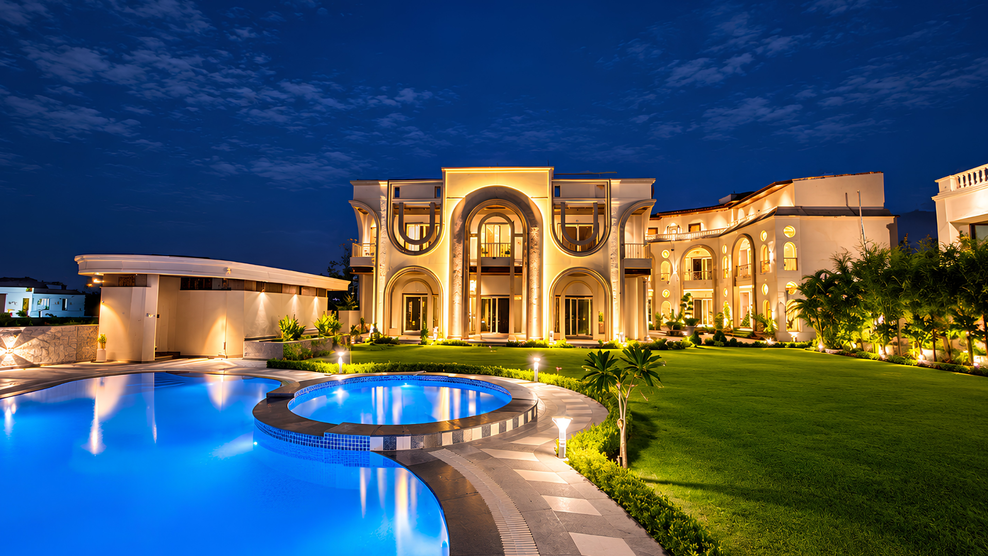Oryana Resort illuminated at night