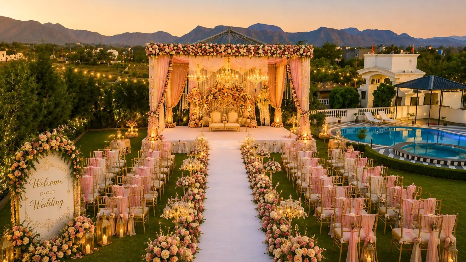 Poolside wedding mandap at golden hour